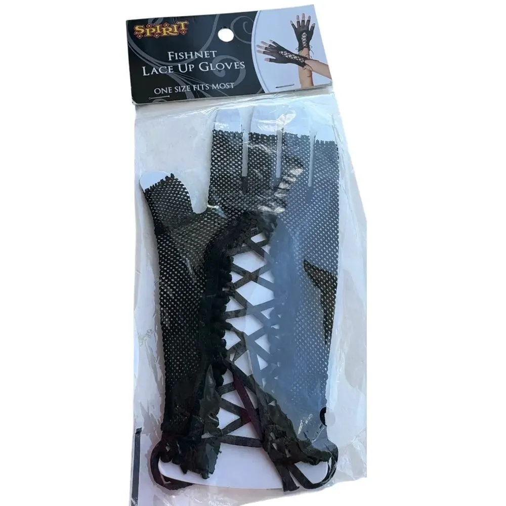 NEW Black Fishnet Glovettes lace Up Corset Fingerless Gloves Goth Cosplay OSFM